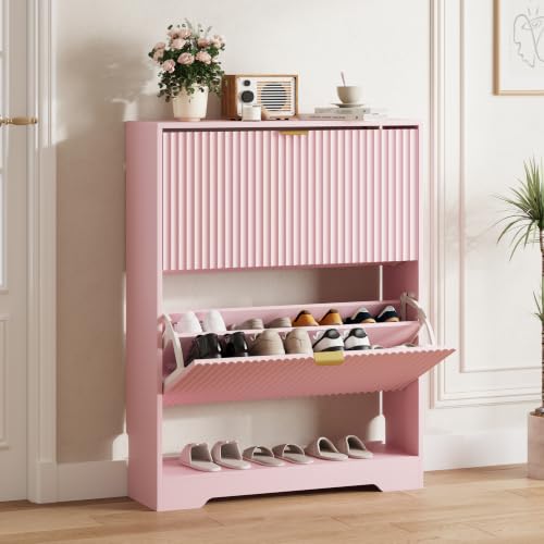 Image of HUANLEGO Shoe Cabinet Storage for Entryway with 2 Flip Drawer, Pink | Fluted Shoe Cabinet with Open Storage, Hidden Shoe Rack for Entryway,Freestanding Narrow Shoe Organizer for Hallway, Entrance
