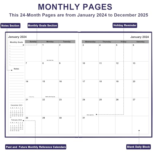2024-2025 Monthly Planner - 2 Year (Apr 2024 to Dec 2025) Monthly Calendar, Large Monthly Planner 2024-2025 Perfect for School & Office Schedule, Fabric Cover, Elastic Closure, 7\" x 10\", Purple