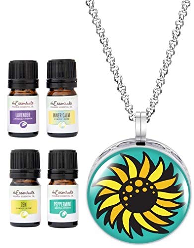 Wild Essentials Sunflower Necklace Essential Oil Diffuser Kit with Lavender, Lemongrass, Peppermint, Orange Oils, 8 Refill Pads, Calming Aromatherapy Gift Set, Customizable, Perfume