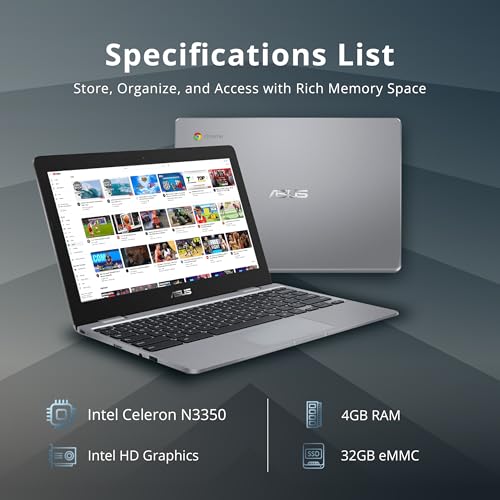 Image of ASUS Chromebook C223 11.6 inch HD Laptop, Intel Celeron N3350 Processor, 4GB RAM, 32GB eMMC, Intel UHD Graphics, 720P Webcam, Stereo Speakers, Wi-Fi, Chrome OS, Gray (Renewed)