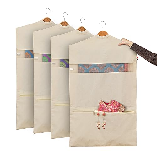 SOLSTICE Hanging Cotton Saree Covers/Bags Of 30 X 18 (Inches) For Clothes Storage, Wardrobe Organize...
