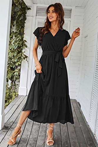 Image of PRETTYGARDEN 2023 Women's Floral Summer Dress V Neck Short Sleeve Ruffle Hem A-Line Boho Maxi Dresses