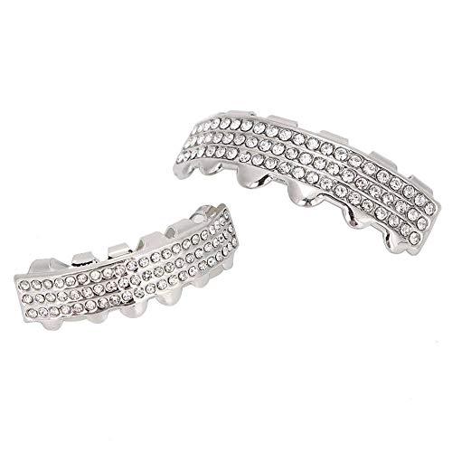 Regali di Compleanno Griglie per Denti sicuri, Bling Grillz, Spettacolo Hip-Hop alla Moda per la Festa di Halloween(New Three-Row Diamond Set Silver)