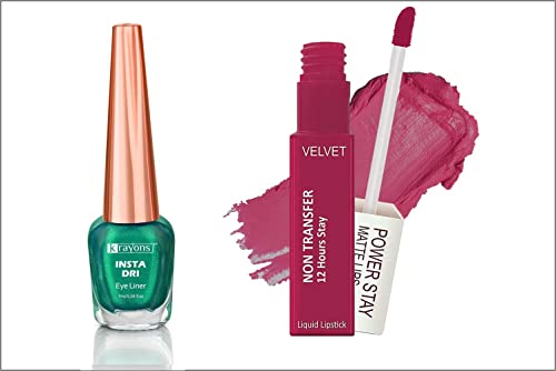 Image of Krayons Insta Dri Sparkling Eyeliner, Green, 7ml And Power Stay Nontransfer 12hrs Stay Matte Liquid Lipstick, Pink Glam, 4ml