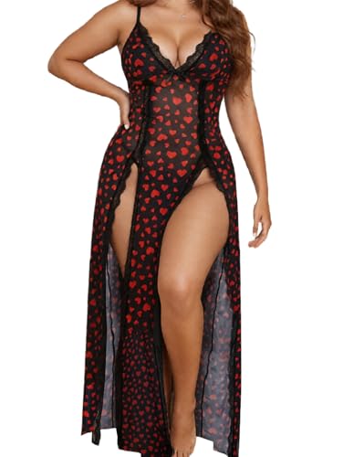 Image of Alrovetoney Plus Size Lingerie For Women Babydoll Sexy Mesh Maxi Nightdress Exotic Sleepwear Side Slits