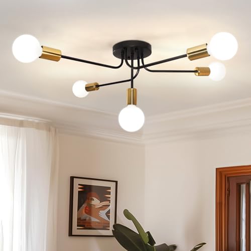 Image of Mlihove Sputnik Chandelier Mid Century Modern 5-Lights Fixture Gold Black Semi Flush Mount Ceiling Light Kitchen Island Industrial Chanelier for Bedrooms Dining Room Living Room Office