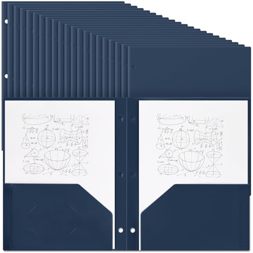 Yeaqee 100 Pcs Plastic Folders with Pockets Bulk 3 Hole Punched 2 Pocket File Folders for 3 Ring Binder Divider Folder for Notebooks, Durable Poly for Office Home (Navy Blue)