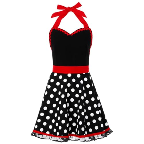 JWRHUH Tablier de Cuisine Femme Vintage - Coton Pur Doux - Tablier Rétro à Pois Années 50 Réglable avec Poches - Idéal pour Pâtisserie,Service,Jardinage,Carnaval & Cadeau Maman (Noir Rouge)