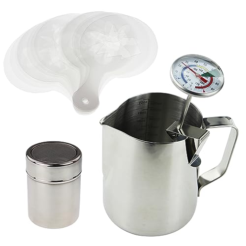 Kit de barista que incluye termómetro para leche, jarra de 600 ml, espolvoreador de cacao y un juego de 16 plantillas - Ideal para hacer cafés con leche, capuchinos, cafés moca