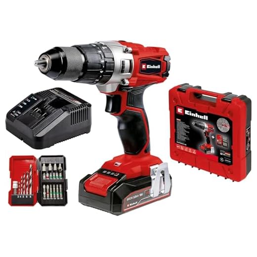Einhell Taladro percutor con batería de 2,5 Ah TE-CD 18/2 Li +22 (1x2,5 Ah) PXC (iones de Li, 18 V, 44 Nm, engranaje de 2 veloc., cargador rápido, caja de puntas de 22 piezas y maletín)