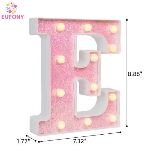 Image of Pink Glitter Marquee Light Up Letters, Battery Operated LED Letter Lights Signs for Pink Birthday Party Table Decorations, Wall Decor for Girls Bedroom, Initial Letter E with Warm White Lights