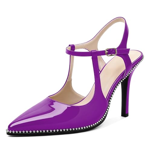 Image of SAMMITOP Womens High Heels Ankle Strap Pointed Toe Stilettos Patent Leather Beaded Pumps Dress Shoes 3.5 Inch