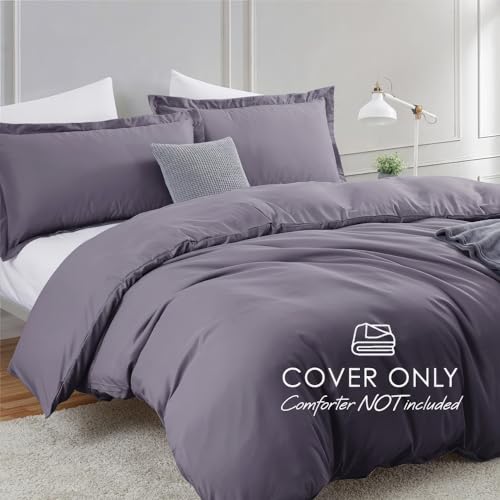Image of Hearth & Harbor Queen 3-Piece Microfiber Duvet Cover Set, Grayish Purple, Soft Brushed 90x90 inches with Button Closure, 2 Pillow Shams | Soft Double Brushed Bedding Set, Button Closure, 1 Duvet Cover 90x90 Inches, 2 Pillow Shams