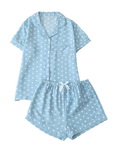 Image of BEAUDRM Women's Two Piece Pajama Sets Allover Print Short Sleeve Sleepwear Button Down Shirt and Bow Shorts Pj Set Loungewear