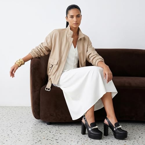 Image of Women's High Heel Loafers Platform Pumps Round Toe Heels Chunky Heel Pumps Stylish Comfortable 4.8 Inch Slingback Heels