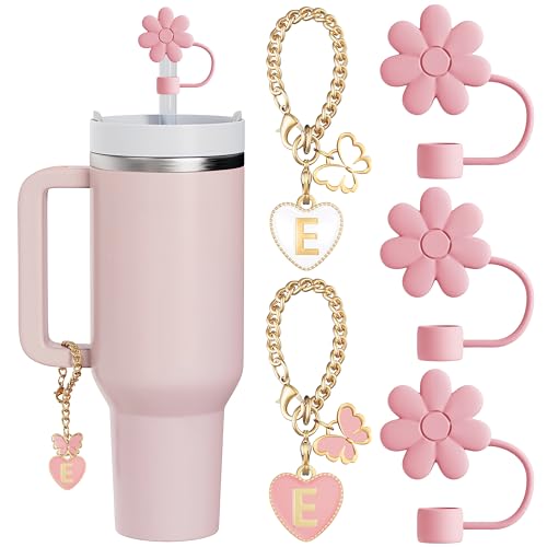 ANLABESY Compatible with Stanley Cup Accessories, 3PCS Hot Pink Straw Toppers for Stanley Cup Straw Cover Cap, 2PCS Cute Letter for 30&40 Oz Tumbler with Handle(E)