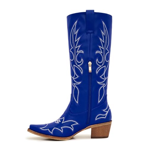 Image of Uillnoodu Women's Turquoise Cowgirl Boots - Wide Calf Mid Calf Western Boots Plus Size Embroidered Cowboy Style with Block Heel