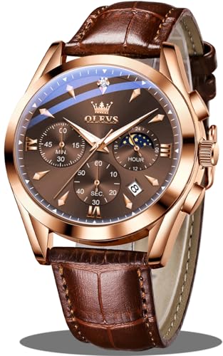 Image of OLEVS Men's Leather Analog Quartz Watch - Luxury Chronograph Wristwatch with Date, Waterproof, Luminous - Dress Style