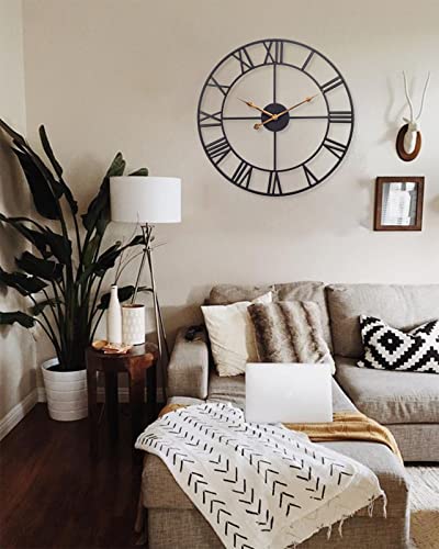 24 Inch Large Wall Clock, Silent Non Ticking Battery Operated Industrial Wall Clock With Roman Numerals, Vintage Metal Round Decorative Indoor Outdoor Clock For Living Room, Kitchen, Patio - Black #TOP2
