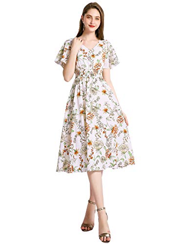 Chiffon Floral Summer Sun Beach Dresses For Women 2023 With V Neck Elastic Waist White Flower 2Xl #TOP2