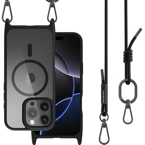 MAGEASY Case for iPhone 16 Pro 6.3" - Case with Crossbody Strap, 16ft Drop Protection, Compatible with MagSafe | Roam M (Black) Cover