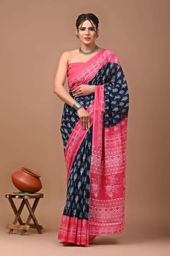 Image of Hand Block Printed Cotton Mulmul Saree | Soft Lightweight Summer Saree | Pure Cotton Traditional Indian Saree for Women