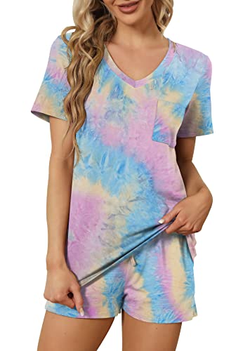 Image of RUBZOOF Women's Short Sleeve Pajama Sets with Pockets Casual V Neck 2 Piece Lounge Sets S-3XL