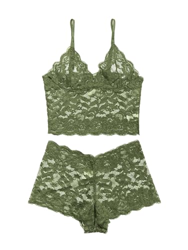 Image of Lilosy Sexy Sheer Floral Lace Pajamas Lingerie Set High Waist Sleepwear Bra and Panty 2 Piece Nightwear