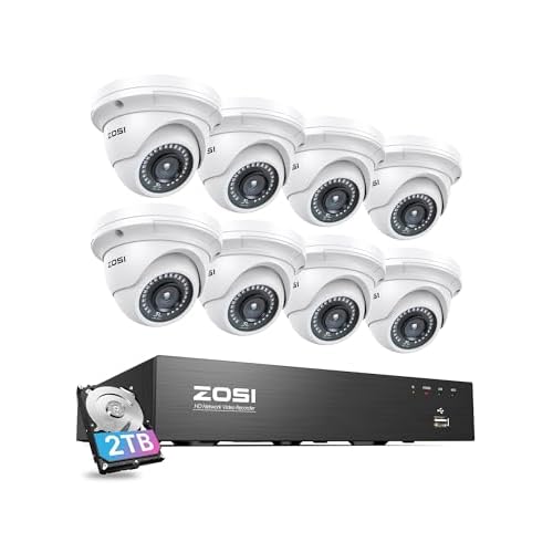 ZOSI 4K 8CH PoE CCTV Camera System, 4X5MP Outdoor Indoor PoE Security Camera Dome, 8 Ports 16CH 8MP NVR Recorder with 2TB HDD, Motion Detection, 100ft Night Vision, Alert Siren, IP66 Waterpr