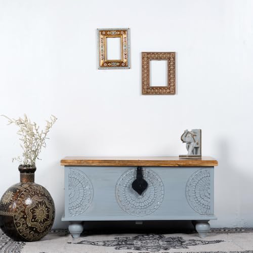 Image of Rafi Wooden Trunk Box for Storage | Solid Wood Coffee Table for Living Room | Center Coffee Table with Storage | Front Wooden Carved Sandook Pitara for Home Decor & Bedroom (Grey Distress)