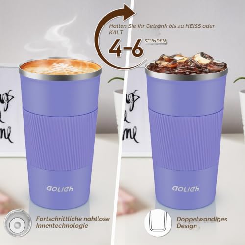 Aolieh Thermobecher 510 ml, Kaffeebecher to Go aus Edelstahl mit auslaufsicherem Deckel… – Ansicht 3