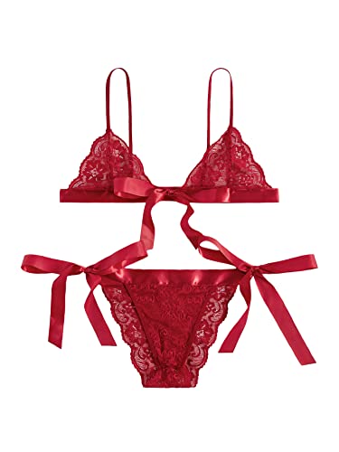 SweatyRocks Women's Sexy Floral Lace Scalloped Trim Self Tie Panty Mesh Lingerie Set Red Medium