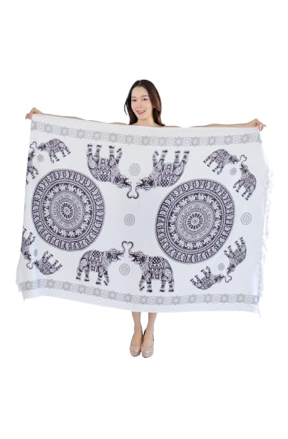 Elephant Print White Sarong Wrap – One Size Beach Bath Swim Cover Up Pareo