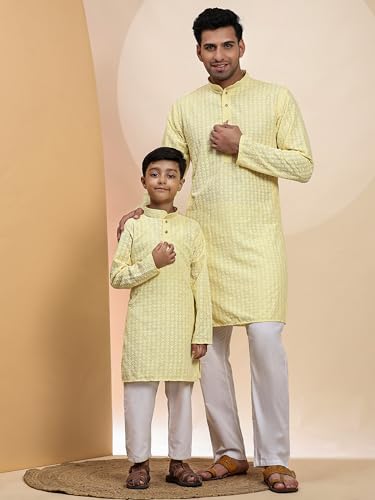 Image of Pro-Ethic Style Developer Men Silk Striped Father Son Matching Ethnic Wear Embroidery Mirror Work Kurta Pyjama Set |(Combo)B-117
