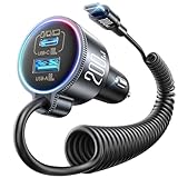 JOYROOM シガーソケット 【200W急速充電・伸縮コイルケーブル搭載】 3ポート USBカーチャージャー 車載充電器 1.5MタイプCコイルケーブル＆虹色LED付き 12V/24V車両対応 iPhone/iPad/MacBook/Android 対応 (ブラック)