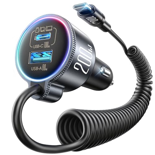 JOYROOM シガーソケット 【200W急速充電・伸縮コイルケーブル搭載】 3ポート USBカーチャージャー 車載充電器 1.5MタイプCコイルケーブル＆虹色LED付き 12V/24V車両対応 iPhone/iPad/MacBook/Android 対応 (ブラック)
