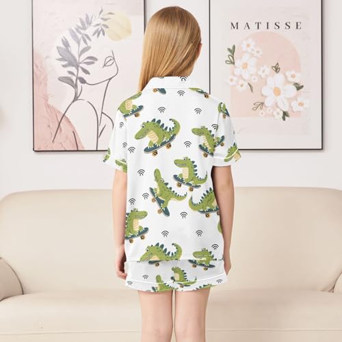 ALAZA Cartoon Crocodile Animal White Pajamas Satin Pajama Set Short Sleeve Button Down Sleepwear4