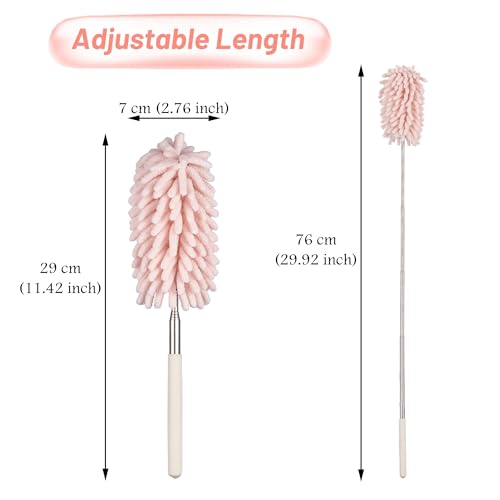 Image of Pink Retractable Microfiber Duster for Cleaning Extendable Feather Duster Household Cleaning Tool for Cleaning Car, Office, Window, Furniture