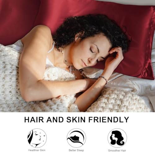 Image of Satin Pillow Cover with Silk Bonnet & 3 Premium Scrunchies - Hair & Skin Care Set for Women - Anti-Frizz Sleeping Combo - Gift Pack (Red)