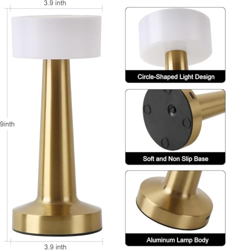 Image of Golden White Round Table Lamp 3 Color Modes Warm Cool Natural Light, Adjustable Brightness, 1200mAh Rechargeable Battery,Portable Light for Bedroom Bedside Desk Home Decor Use with Touch Sensor