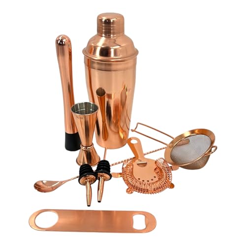 Premium Stainless Steel Cocktail Shakers Set: Bartender Kit with Shaker, Jigger, Muddler, Strainer, Pourers, Mixing Spoon, and Bar Blade (Copper, 9 Piece)