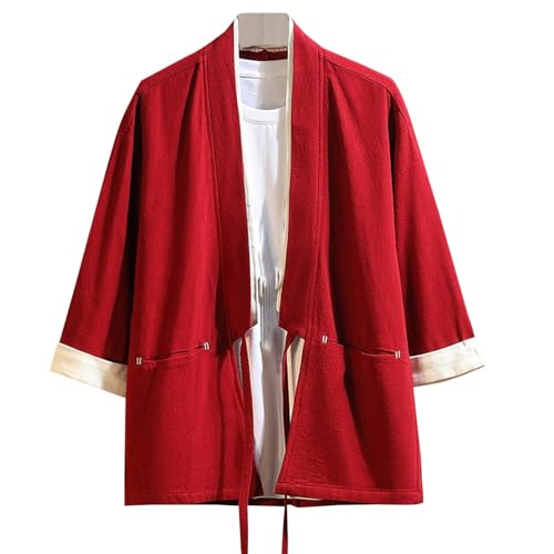 Cambkatl Cárdigan de algodón retro con cordones para hombre, casual, bloque de color, manga 3/4, chaqueta kimono con frente abierto, rojo (01 Red), Medium