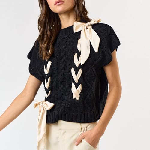 Image of Argeousgor Womens Y2k Lace Up Ribbon Sweater Vest Bow Twist Cap Sleeve Crochet Vest Mock Neck Pullover Knit Sweaters (Black, M)
