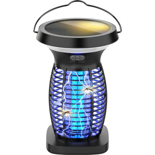 okk Solar Bug Zapper Outdoor, 4200V Mosquito Zapper Outdoor Fly Killer with Light & Solar Penal, Waterproof, Rechargeable, Portable Electric Fly Trap Indoor for Patio, Garden, Backyard, and Camping
