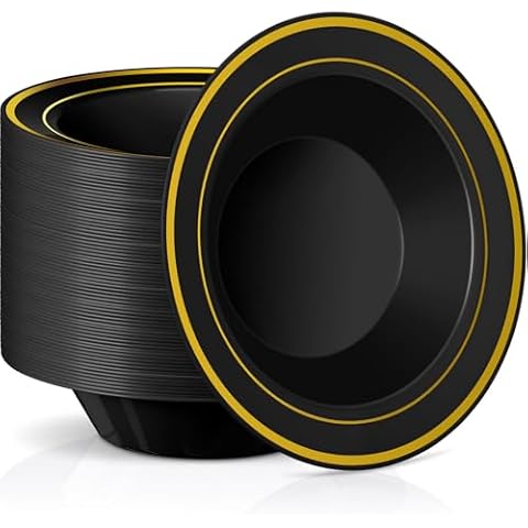 Jinei 150 Pieces 6 oz Plastic Bowls with Rim Soup Bowls Small Disposable Bowls for Dessert Salad Soup Candy Wedding Thanksgiving Christmas Catering Holidays Party Supplies (Black,Gold Rim) Cover