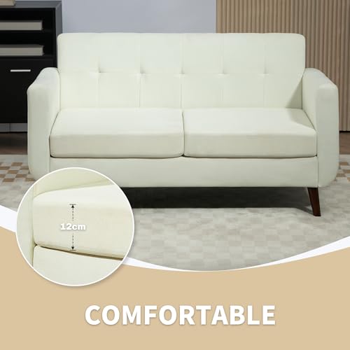 HOMCOM 2 Seater Sofa, Modern Tufted Fabric Couch, Upholstered Loveseat with Wood Legs for Small Space, Living Room, Bedroom, Office, Cream White - Image 4
