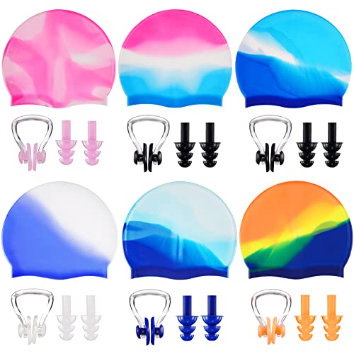 6 Sets Adult Silicone Swim Cap Waterproof Swimming Hat with Silicone Nose Clip and Earplugs Comfortable Non Slip Swimming Pool Cap Elastic Swimming Cap for Women Man Short Hair Long Hair