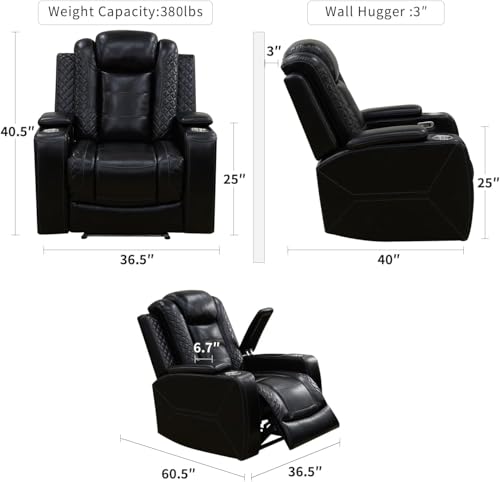 Image of Power Recliner Chair, Leather Recliners with Home Theater Seating, Oversized Single Electric Recliner Sofa Breathable Living Room Chairs for Adults Reading Gaming, Black