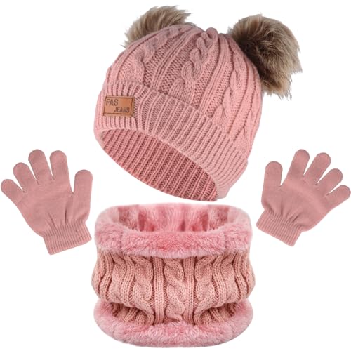 Chstarina Conjunto de Bufanda y Gorro y Guantes Bebe, Gorro de Punto Térmicos y Bufanda con Forro Polar, Invierno Cálidos Beanie Sombreros y Guantes con Pompon para Niños, Niñas (Rosa)