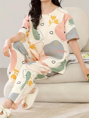 Image of GLASGO Women's Cotton Pajama Set with Top & Pants|| Korean Night Wear|| Loose Fit Home Wear || Lightweight Printed Set || Soft & Comfy Sleepwear for Girls & Women || LNS-4-$